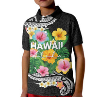Hawaii Aloha Tropical Leaves and Flower Kid Polo Shirt with Polynesian Art Tattoo Black Color LT03 Kid Black - Polynesian Pride
