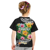 Hawaii Aloha Tropical Leaves and Flower Kid T Shirt with Polynesian Art Tattoo Black Color LT03 - Polynesian Pride