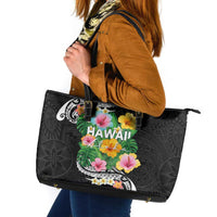 Hawaii Aloha Tropical Leaves and Flower Leather Tote Bag with Polynesian Art Tattoo Black Color LT03 Black - Polynesian Pride