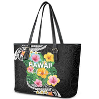 Hawaii Aloha Tropical Leaves and Flower Leather Tote Bag with Polynesian Art Tattoo Black Color LT03 - Polynesian Pride