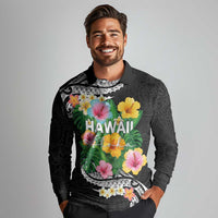 Hawaii Aloha Tropical Leaves and Flower Long Sleeve Polo Shirt with Polynesian Art Tattoo Black Color LT03 - Polynesian Pride
