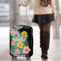 Hawaii Aloha Tropical Leaves and Flower Luggage Cover with Polynesian Art Tattoo Black Color LT03 - Polynesian Pride