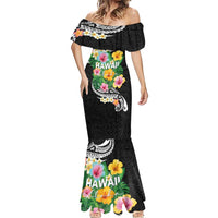 Hawaii Aloha Tropical Leaves and Flower Mermaid Dress with Polynesian Art Tattoo Black Color LT03 - Polynesian Pride