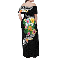 Hawaii Aloha Tropical Leaves and Flower Off Shoulder Maxi Dress with Polynesian Art Tattoo Black Color LT03 - Polynesian Pride