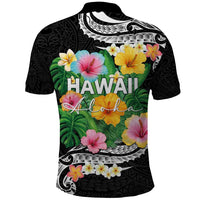 Hawaii Aloha Tropical Leaves and Flower Polo Shirt with Polynesian Art Tattoo Black Color LT03 - Polynesian Pride
