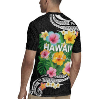 Hawaii Aloha Tropical Leaves and Flower Rugby Jersey with Polynesian Art Tattoo Black Color LT03 - Polynesian Pride