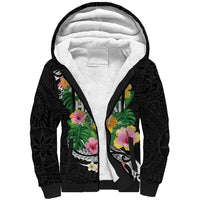 Hawaii Aloha Tropical Leaves and Flower Sherpa Hoodie with Polynesian Art Tattoo Black Color LT03 Unisex Black - Polynesian Pride