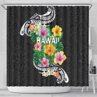 Hawaii Aloha Tropical Leaves and Flower Shower Curtain with Polynesian Art Tattoo Black Color LT03 - Polynesian Pride