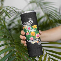 Hawaii Aloha Tropical Leaves and Flower Skinny Tumbler with Polynesian Art Tattoo Black Color LT03 - Polynesian Pride