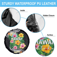 Hawaii Aloha Tropical Leaves and Flower Spare Tire Cover with Polynesian Art Tattoo Black Color LT03 - Polynesian Pride