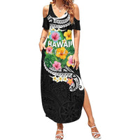 Hawaii Aloha Tropical Leaves and Flower Summer Maxi Dress with Polynesian Art Tattoo Black Color LT03 Women Black - Polynesian Pride
