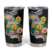 Hawaii Aloha Tropical Leaves and Flower Tumbler Cup with Polynesian Art Tattoo Black Color LT03 Black - Polynesian Pride