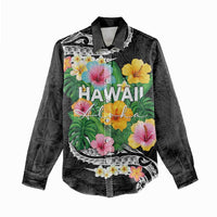 Hawaii Aloha Tropical Leaves and Flower Women Casual Shirt with Polynesian Art Tattoo Black Color - Polynesian Pride