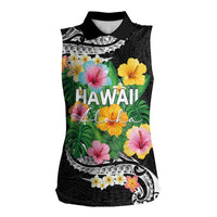 Hawaii Aloha Tropical Leaves and Flower Women Sleeveless Polo Shirt with Polynesian Art Tattoo Black Color LT03 Female Black - Polynesian Pride