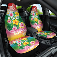 Hawaii Aloha Tropical Leaves and Flower Car Seat Cover with Polynesian Art Tattoo Rainbow Color LT03 One Size Rainbow - Polynesian Pride