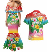 Hawaii Aloha Tropical Leaves and Flower Couples Matching Mermaid Dress and Hawaiian Shirt with Polynesian Art Tattoo Rainbow Color - Polynesian Pride