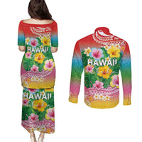 Hawaii Aloha Tropical Leaves and Flower Couples Matching Puletasi and Long Sleeve Button Shirt with Polynesian Art Tattoo Rainbow Color LT03 - Polynesian Pride