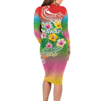 Hawaii Aloha Tropical Leaves and Flower Family Matching Long Sleeve Bodycon Dress and Hawaiian Shirt with Polynesian Art Tattoo Rainbow Color LT03 - Polynesian Pride
