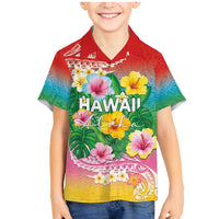 Hawaii Aloha Tropical Leaves and Flower Family Matching Mermaid Dress and Hawaiian Shirt with Polynesian Art Tattoo Rainbow Color - Polynesian Pride