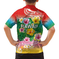 Hawaii Aloha Tropical Leaves and Flower Family Matching Off The Shoulder Long Sleeve Dress and Hawaiian Shirt with Polynesian Art Tattoo Rainbow Color - Polynesian Pride