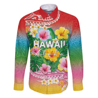Hawaii Aloha Tropical Leaves and Flower Family Matching Off The Shoulder Long Sleeve Dress and Hawaiian Shirt with Polynesian Art Tattoo Rainbow Color - Polynesian Pride