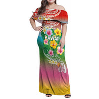 Hawaii Aloha Tropical Leaves and Flower Family Matching Off Shoulder Maxi Dress and Hawaiian Shirt with Polynesian Art Tattoo Rainbow Color LT03 Mom's Dress Rainbow - Polynesian Pride