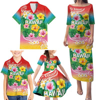 Hawaii Aloha Tropical Leaves and Flower Family Matching Puletasi and Hawaiian Shirt with Polynesian Art Tattoo Rainbow Color LT03 - Polynesian Pride