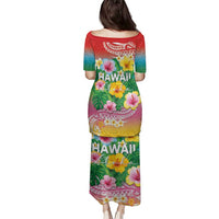 Hawaii Aloha Tropical Leaves and Flower Family Matching Puletasi and Hawaiian Shirt with Polynesian Art Tattoo Rainbow Color LT03 - Polynesian Pride