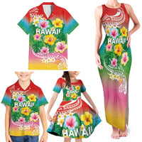 Hawaii Aloha Tropical Leaves and Flower Family Matching Tank Maxi Dress and Hawaiian Shirt with Polynesian Art Tattoo Rainbow Color LT03 - Polynesian Pride