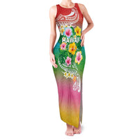Hawaii Aloha Tropical Leaves and Flower Family Matching Tank Maxi Dress and Hawaiian Shirt with Polynesian Art Tattoo Rainbow Color LT03 Mom's Dress Rainbow - Polynesian Pride