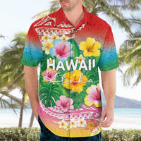 Hawaii Aloha Tropical Leaves and Flower Hawaiian Shirt with Polynesian Art Tattoo Rainbow Color LT03 - Polynesian Pride