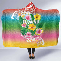 Hawaii Aloha Tropical Leaves and Flower Hooded Blanket with Polynesian Art Tattoo Rainbow Color LT03 One Size Rainbow - Polynesian Pride
