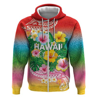 Hawaii Aloha Tropical Leaves and Flower Hoodie with Polynesian Art Tattoo Rainbow Color LT03 Zip Hoodie Rainbow - Polynesian Pride