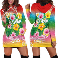 Hawaii Aloha Tropical Leaves and Flower Hoodie Dress with Polynesian Art Tattoo Rainbow Color LT03 - Polynesian Pride