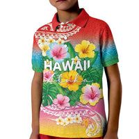 Hawaii Aloha Tropical Leaves and Flower Kid Polo Shirt with Polynesian Art Tattoo Rainbow Color LT03 Kid Rainbow - Polynesian Pride