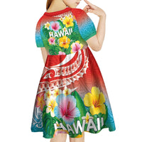 Hawaii Aloha Tropical Leaves and Flower Kid Short Sleeve Dress with Polynesian Art Tattoo Rainbow Color LT03 - Polynesian Pride