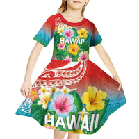 Hawaii Aloha Tropical Leaves and Flower Kid Short Sleeve Dress with Polynesian Art Tattoo Rainbow Color LT03 - Polynesian Pride
