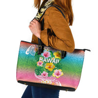 Hawaii Aloha Tropical Leaves and Flower Leather Tote Bag with Polynesian Art Tattoo Rainbow Color LT03 Rainbow - Polynesian Pride