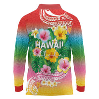 Hawaii Aloha Tropical Leaves and Flower Long Sleeve Polo Shirt with Polynesian Art Tattoo Rainbow Color LT03 - Polynesian Pride