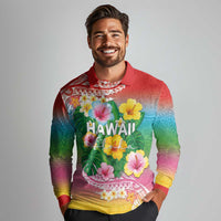 Hawaii Aloha Tropical Leaves and Flower Long Sleeve Polo Shirt with Polynesian Art Tattoo Rainbow Color LT03 - Polynesian Pride