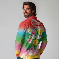 Hawaii Aloha Tropical Leaves and Flower Long Sleeve Polo Shirt with Polynesian Art Tattoo Rainbow Color LT03 - Polynesian Pride