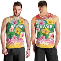 Hawaii Aloha Tropical Leaves and Flower Men Tank Top with Polynesian Art Tattoo Rainbow Color LT03 - Polynesian Pride