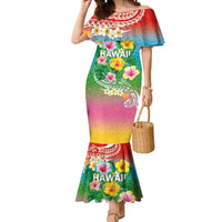 Hawaii Aloha Tropical Leaves and Flower Mermaid Dress with Polynesian Art Tattoo Rainbow Color LT03 Women Rainbow - Polynesian Pride