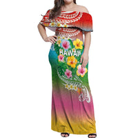 Hawaii Aloha Tropical Leaves and Flower Off Shoulder Maxi Dress with Polynesian Art Tattoo Rainbow Color LT03 Women Rainbow - Polynesian Pride
