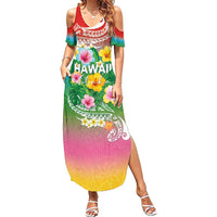 Hawaii Aloha Tropical Leaves and Flower Summer Maxi Dress with Polynesian Art Tattoo Rainbow Color LT03 Women Rainbow - Polynesian Pride