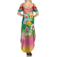 Hawaii Aloha Tropical Leaves and Flower Summer Maxi Dress with Polynesian Art Tattoo Rainbow Color LT03 - Polynesian Pride