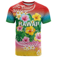 Hawaii Aloha Tropical Leaves and Flower T Shirt with Polynesian Art Tattoo Rainbow Color LT03 Rainbow - Polynesian Pride