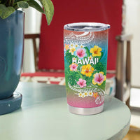 Hawaii Aloha Tropical Leaves and Flower Tumbler Cup with Polynesian Art Tattoo Rainbow Color LT03 - Polynesian Pride