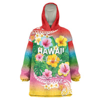 Hawaii Aloha Tropical Leaves and Flower Wearable Blanket Hoodie with Polynesian Art Tattoo Rainbow Color LT03 One Size Rainbow - Polynesian Pride