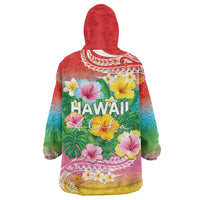 Hawaii Aloha Tropical Leaves and Flower Wearable Blanket Hoodie with Polynesian Art Tattoo Rainbow Color LT03 - Polynesian Pride